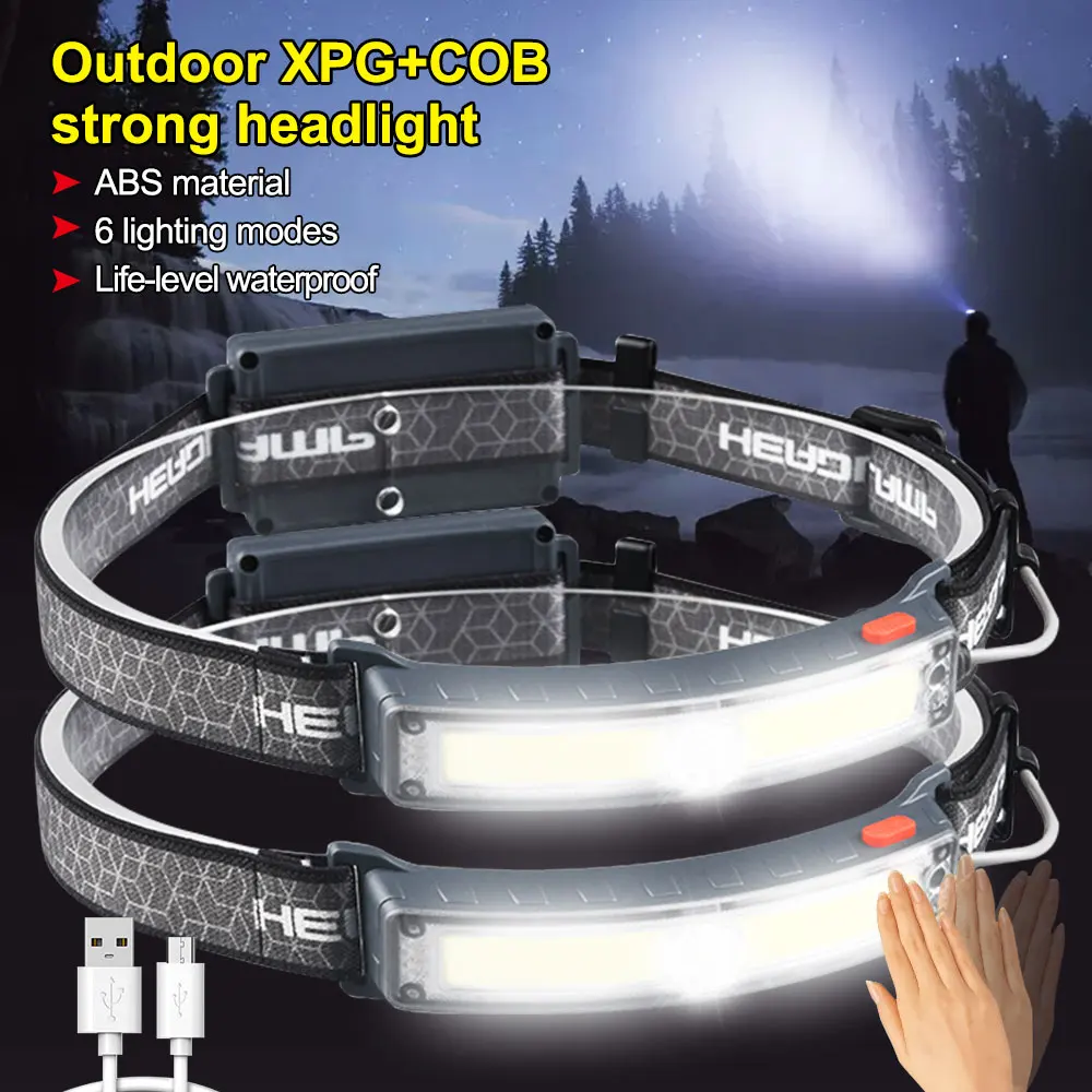 

10W 800Lumen Headlamp Dual Light Source 2*COB+XPG Induction Headlight USB Rechargeable Strong LED Fishing Light Build-in Battery