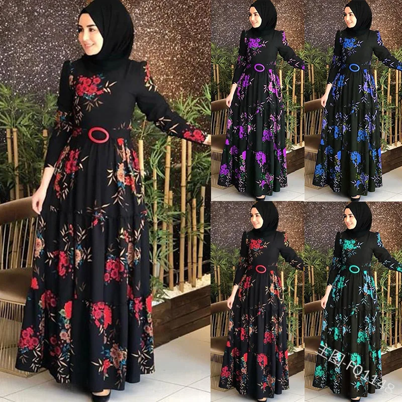 

Women Dress Muslim Abaya Islamic Full Sleeve Floral Flower Casual Fashion Autumn Ruffles Ladies Long Maxi Dresses