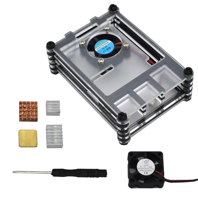 Anti-Scratch Acrylic Protective Case Cover with Cooling Fan Copper/Silver Heatsink Screwdriver for Raspberry Pi 4 Model B
Anti-Scratch Acrylic Protective Case Cover with Cooling Fan Copper/Silver Heatsink Screwdriver for Raspberry Pi 4 Model B