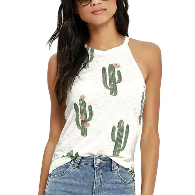 Фото 2020 New Arrival Summer Tank Tops Women Sleeveless Halter Neck Fashion Clothes For Ladies Popular Cactus Printed | Женская одежда
