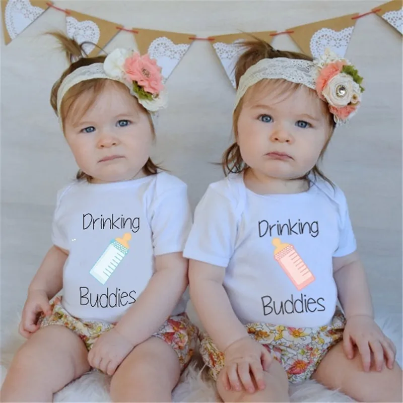 YSCULBUTOL Drinking Buddies Baby Funny Twin Bodysuit Twin boy Girl Matching Outfits Twins Clothes