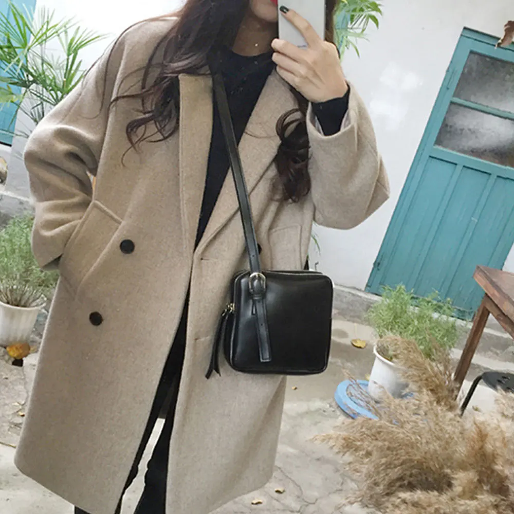 

OEAK 2019 New Thin Wool Blend Coat Women Long Sleeve Turn-down Collar Outwear Jacket Casual Autumn Winter Fashion Overcoat