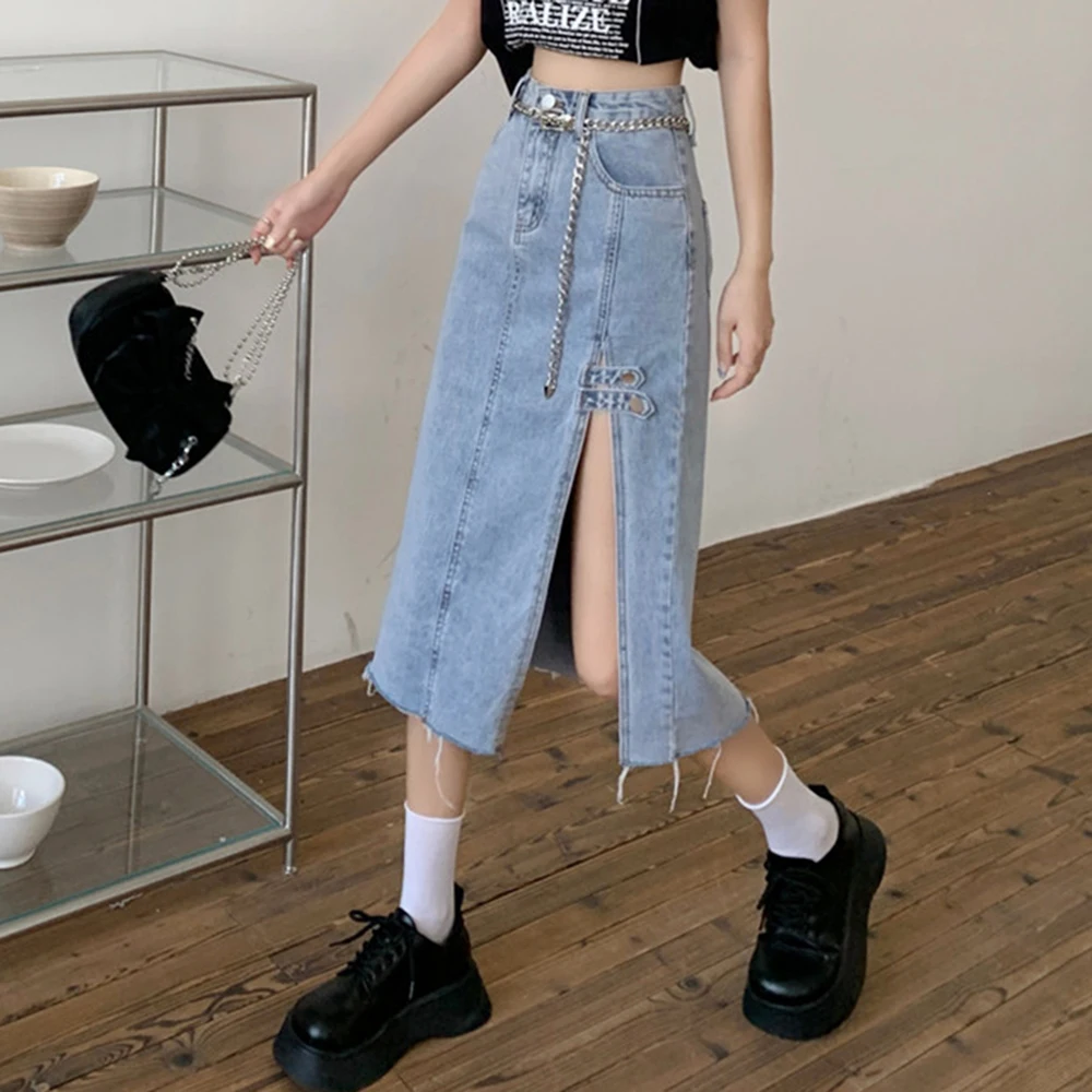 

Fashion High Waist Women Bodycon Denim Skirt 2022 New Summer Female Mid-Calf Length Straight Side Split Jean Skirts OL Style