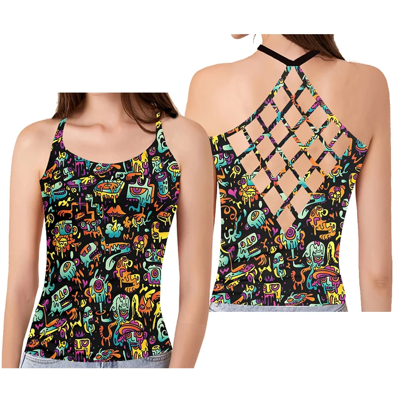 

OGKB 3D Ladies Sexy Hollow Vest Summer Fashion Women's Monster Graffiti Printed Tank Tops Casual Famale Camisole Dropshipping
