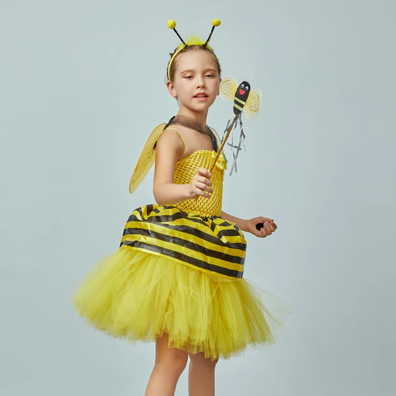 Little Bumble Bee Tutu Dress Girls Honeybee Fancy Dress Up Outfit Yellow Black Striped Insect Birthday Halloween Costume (6)