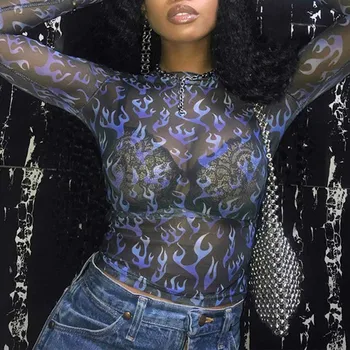 Sexy Hip Hop Women Short Shirt Round Neck Long Sleeve Flame Printed Short T-shirt New Fashion Translucent Female Punk Wild Tops
Sexy Hip Hop Women Short Shirt Round Neck Long Sleeve Flame Printed Short T-shirt New Fashion Translucent Female Punk Wild Tops