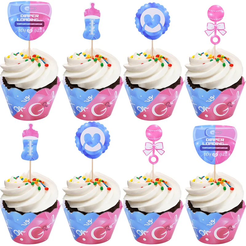 

24Pcs/lot Boy Or Girl Cake Topper Cupcake Wrapper Insert Card Gender Reveal Baby Shower DIY Birthday Party Christening Decor