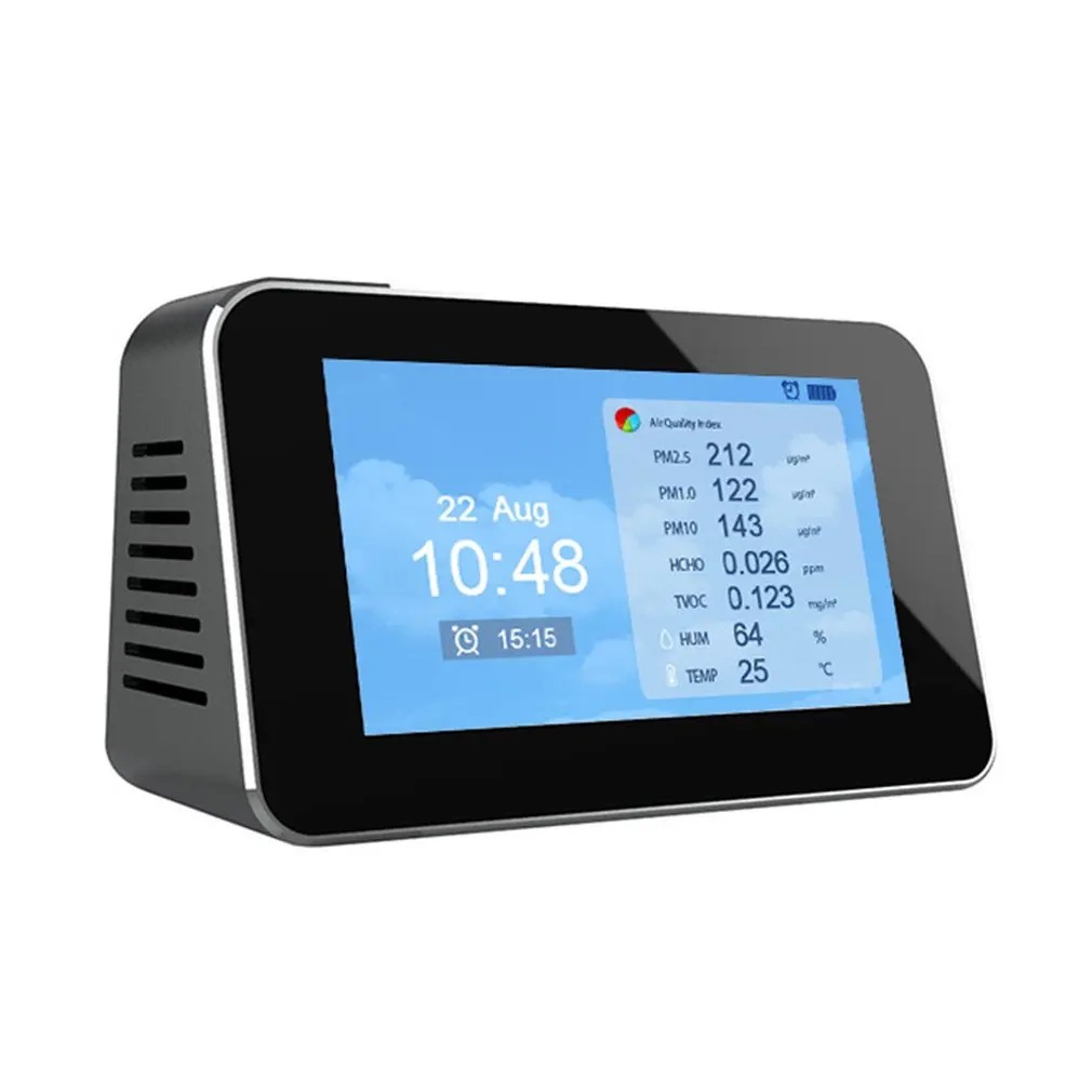 PM2.5/PM10/PM1.0/TVOC/CO2 Tester AQI Air Quality Analysis Detector Temperature Humidity Monitor Home Smog Meter w/ Alarm Clock
PM2.5/PM10/PM1.0/TVOC/CO2 Tester AQI Air Quality Analysis Detector Temperature Humidity Monitor Home Smog Meter w/ Alarm Clock
