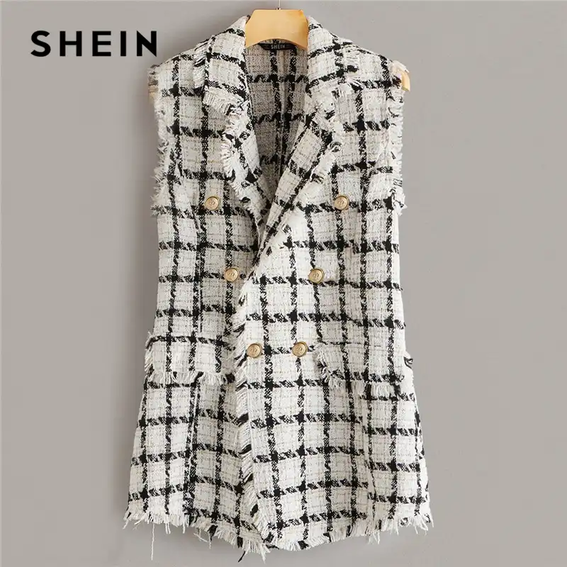 SHEIN, Chaqueta tipo Chaleco de Tweed con borde deshilachado y cuello de  muesca a cuadros, chaqueta de otoño para mujer, sin mangas con doble botón,  prendas de vestir elegantes, abrigos largos, Blazers|Chaquetas| -