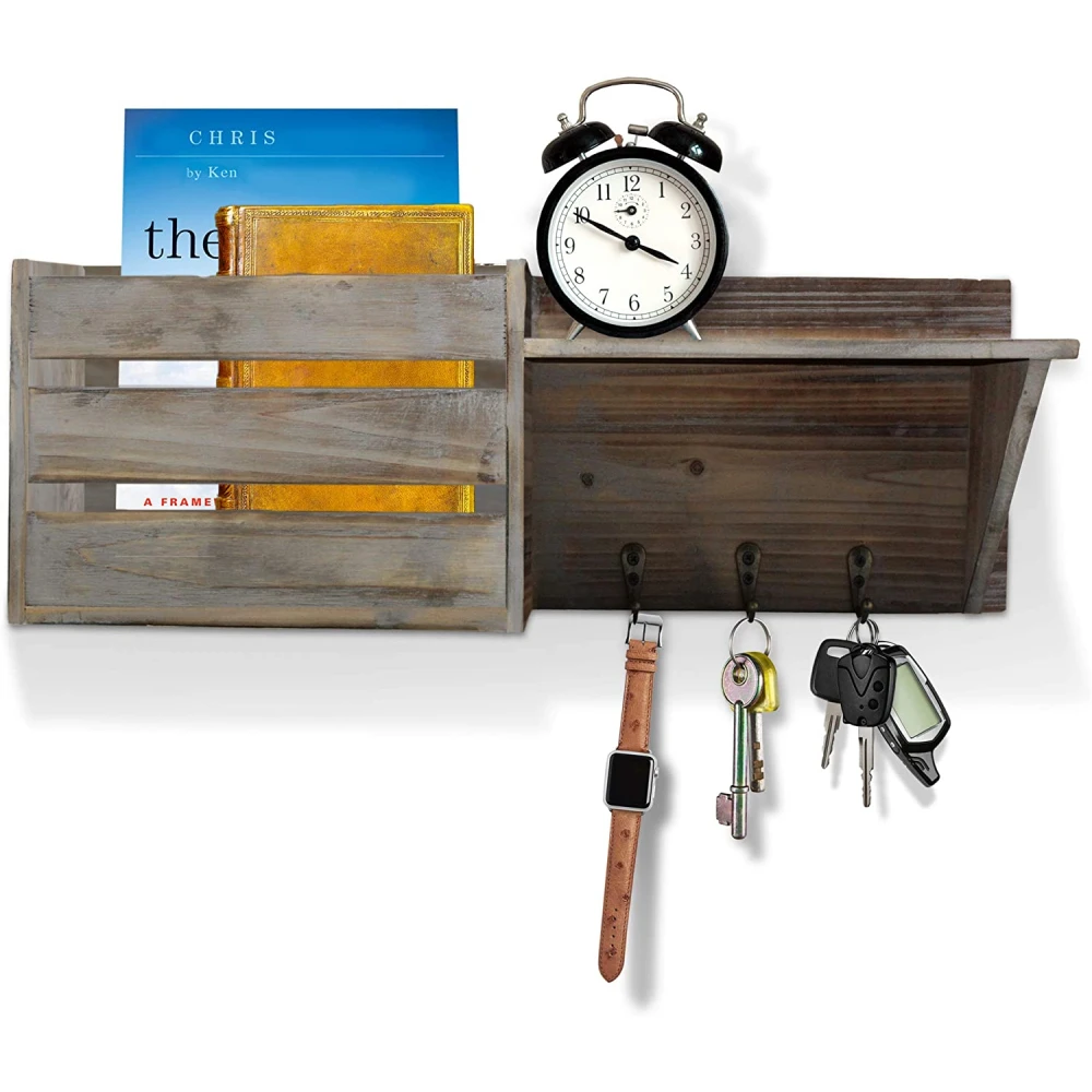 Wood Rustic Wall Mounted Key & Mail Holder Organizer with 3 Key Hooks 1 Compartment and Shelf - for Entryway or Mud Room
Wood Rustic Wall Mounted Key & Mail Holder Organizer with 3 Key Hooks 1 Compartment and Shelf - for Entryway or Mud Room