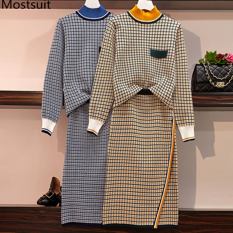 2019 Autumn Knitted Plaid Two Piece Sets Outfits Women Long Sleeve Sweater And Skirt Suits Elegant Korean Ladies Set Blue Yellow
2019 Autumn Knitted Plaid Two Piece Sets Outfits Women Long Sleeve Sweater And Skirt Suits Elegant Korean Ladies Set Blue Yellow