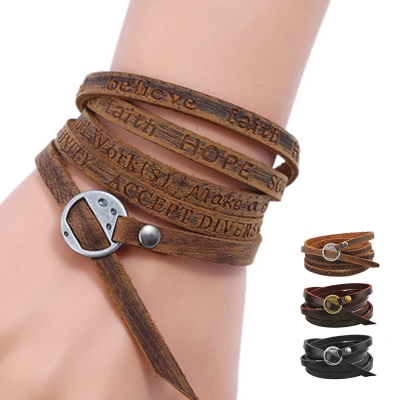 Vintage Bohemian style Jewelery Multilayer Wrap Genuine Leather Bracelets For Men And Women Embossing Letter Hand Accessories
Vintage Bohemian style Jewelery Multilayer Wrap Genuine Leather Bracelets For Men And Women Embossing Letter Hand Accessories