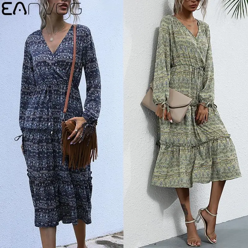 Autumn Spring Casual Floral Print Drawstring Ruched Long Dresses Women Street Style Clothing Boho Ruched V-Neck Pleated Dresses
Autumn Spring Casual Floral Print Drawstring Ruched Long Dresses Women Street Style Clothing Boho Ruched V-Neck Pleated Dresses