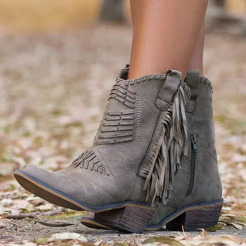 Botines Cowboy Boho Terciopelo Tacón Plano Flecos Cuero Cremallera –  Ella-time
