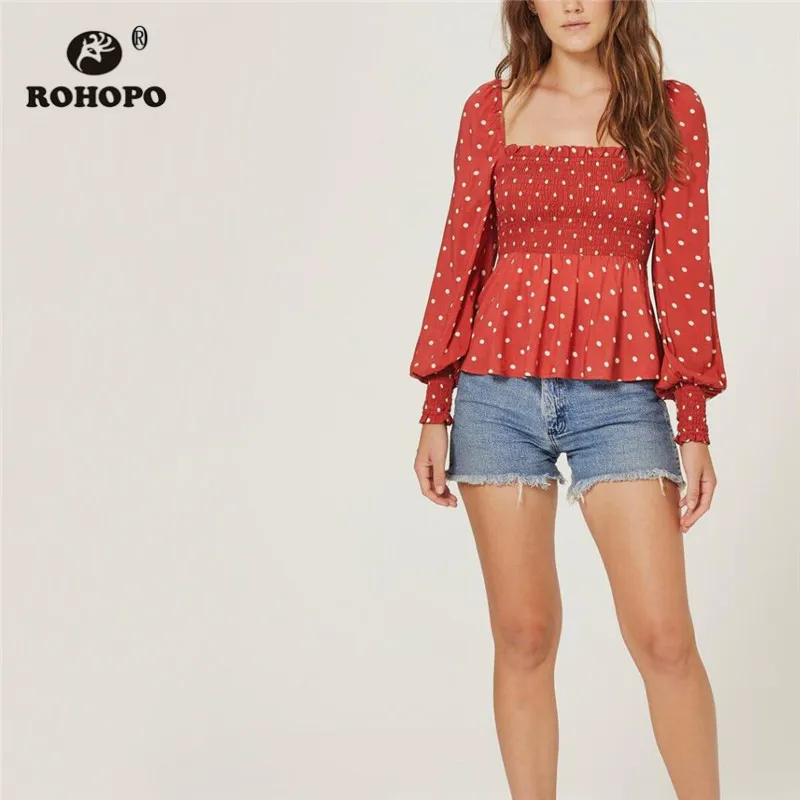 

ROHOPO Lanter Long Sleeve White Polk Dot Red Blouse Slash Neck Smocking Peplum and Cuff Ruffled Chic Tops Blusa #7289