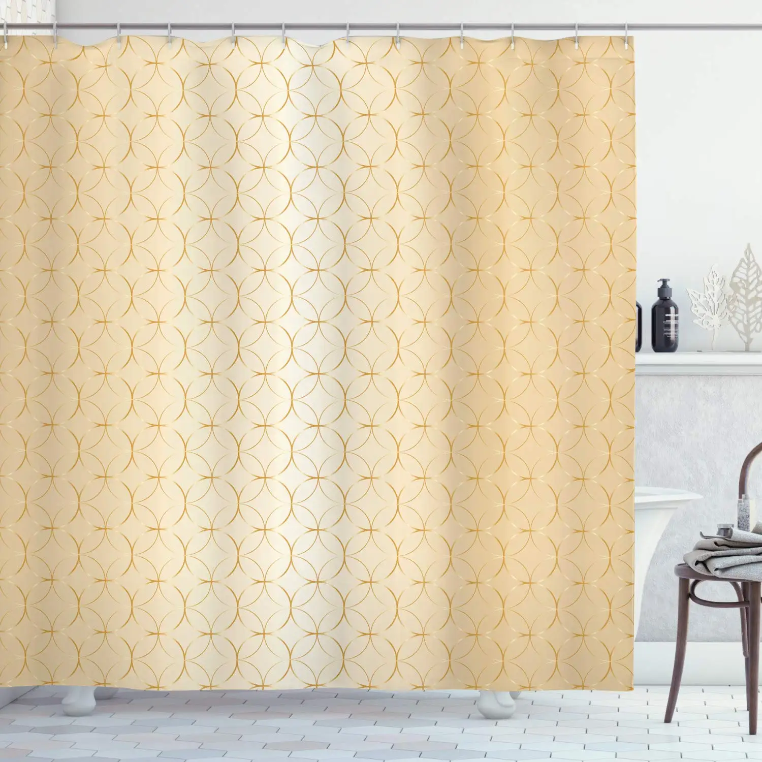 Beige Shower Curtain, Linked Circle and Diamond Shape Motifs Geometric Abstract Contemporary Pattern, Cloth Fabric Bathroom
Beige Shower Curtain, Linked Circle and Diamond Shape Motifs Geometric Abstract Contemporary Pattern, Cloth Fabric Bathroom