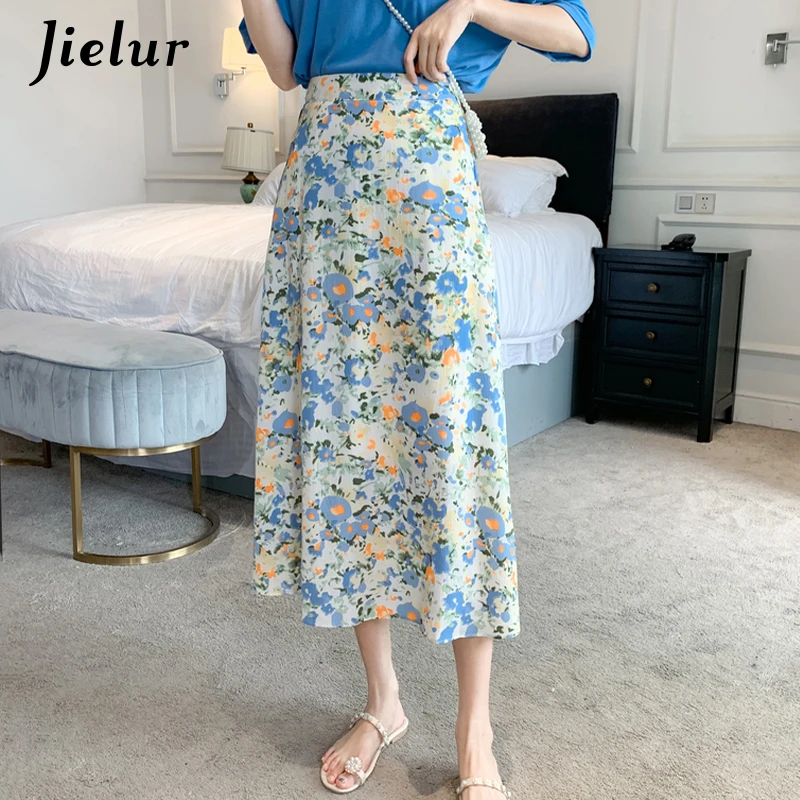 

Jielur 2021 Fashion Floral Chiffon Skirt Female Loose A-line High Waist Women's Skirts Romantic Oil Painting Print Lady Faldas