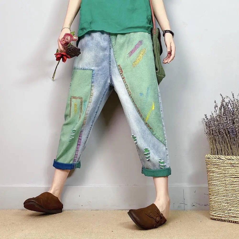 Women Summer Fashion Elastic Waist Colorful Printed Patchwork Calf Length Denim Harem Pant Office Lady Female Casual Loose Jeans
Women Summer Fashion Elastic Waist Colorful Printed Patchwork Calf Length Denim Harem Pant Office Lady Female Casual Loose Jeans