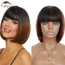 

Beauart 100% Human Hair Bob Cut Full Wigs With Bangs 10" Straight Ombre Black To Brown Wig For Women None Lace Front Bob Cut Wig