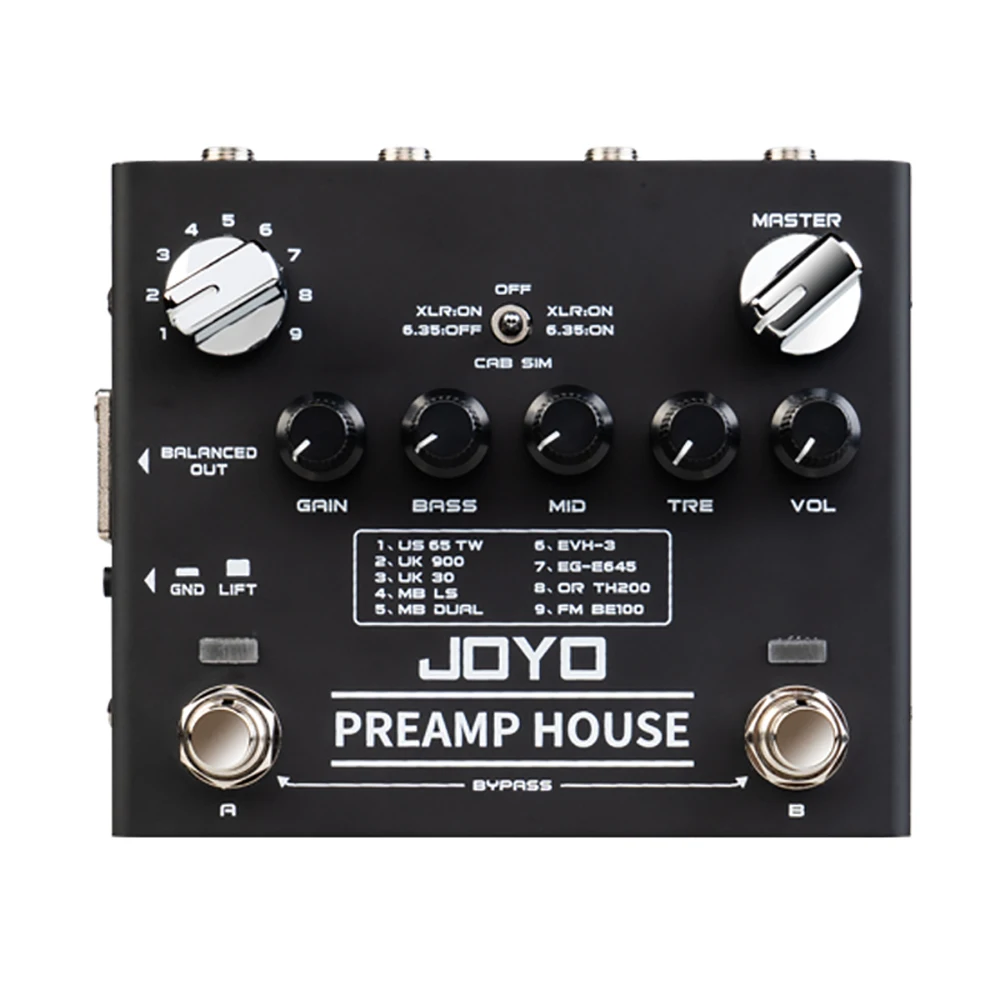 

JOYO R-15 Electric Guitar Effect Pedal Preamp House Cabinet Simulator Pedal Built-in 9 Amps' Preamps 18 Tones Dual Channel