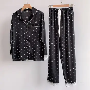 

Women 2PCS Sleepwear Satin Pajamas Sets Black Print Shirt&Pants Silky Sleep Set Casual Pyjamas Suit Female Loose Home Clothes