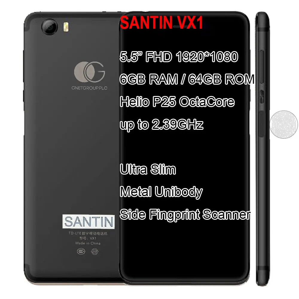 Смартфон SANTIN VX1 6 ГБ ОЗУ 64 Гб ПЗУ металлический корпус ультратонкий helio P25 восемь