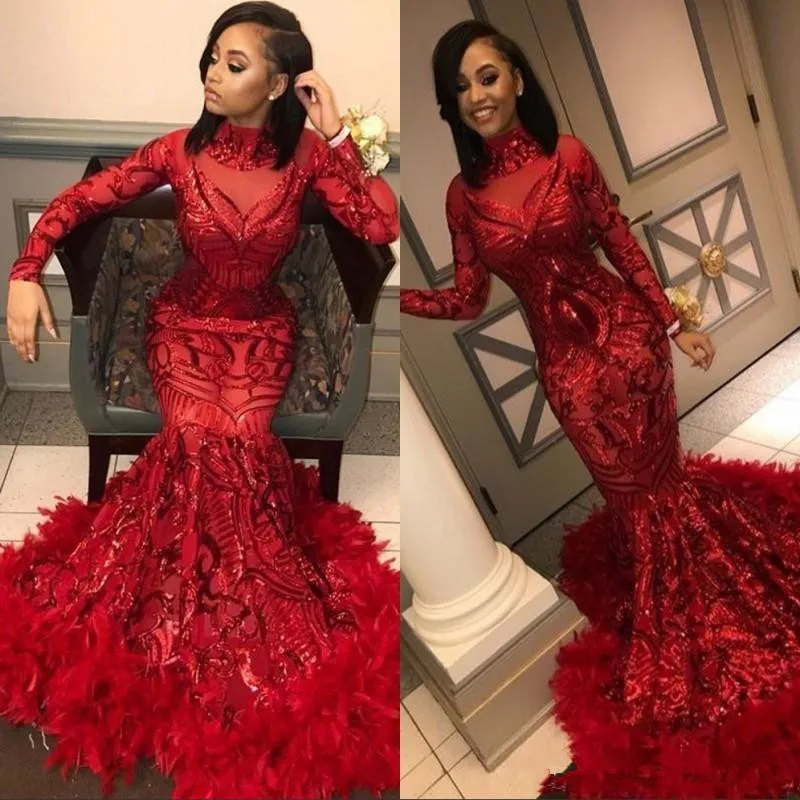 New Red Mermaid African Prom Dresses 2020 Feathers Train Long Sleeve Sequined High Neck Formal Evening Party Gowns
New Red Mermaid African Prom Dresses 2020 Feathers Train Long Sleeve Sequined High Neck Formal Evening Party Gowns