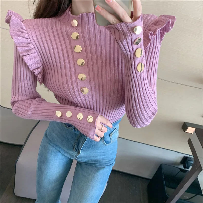 Tops Women Half-high Neck Bottoming Sweater Slimming 2020 Winter New Wood Ear Side Buttoned Knitted Shirt Sweaters Solid Color
Tops Women Half-high Neck Bottoming Sweater Slimming 2020 Winter New Wood Ear Side Buttoned Knitted Shirt Sweaters Solid Color