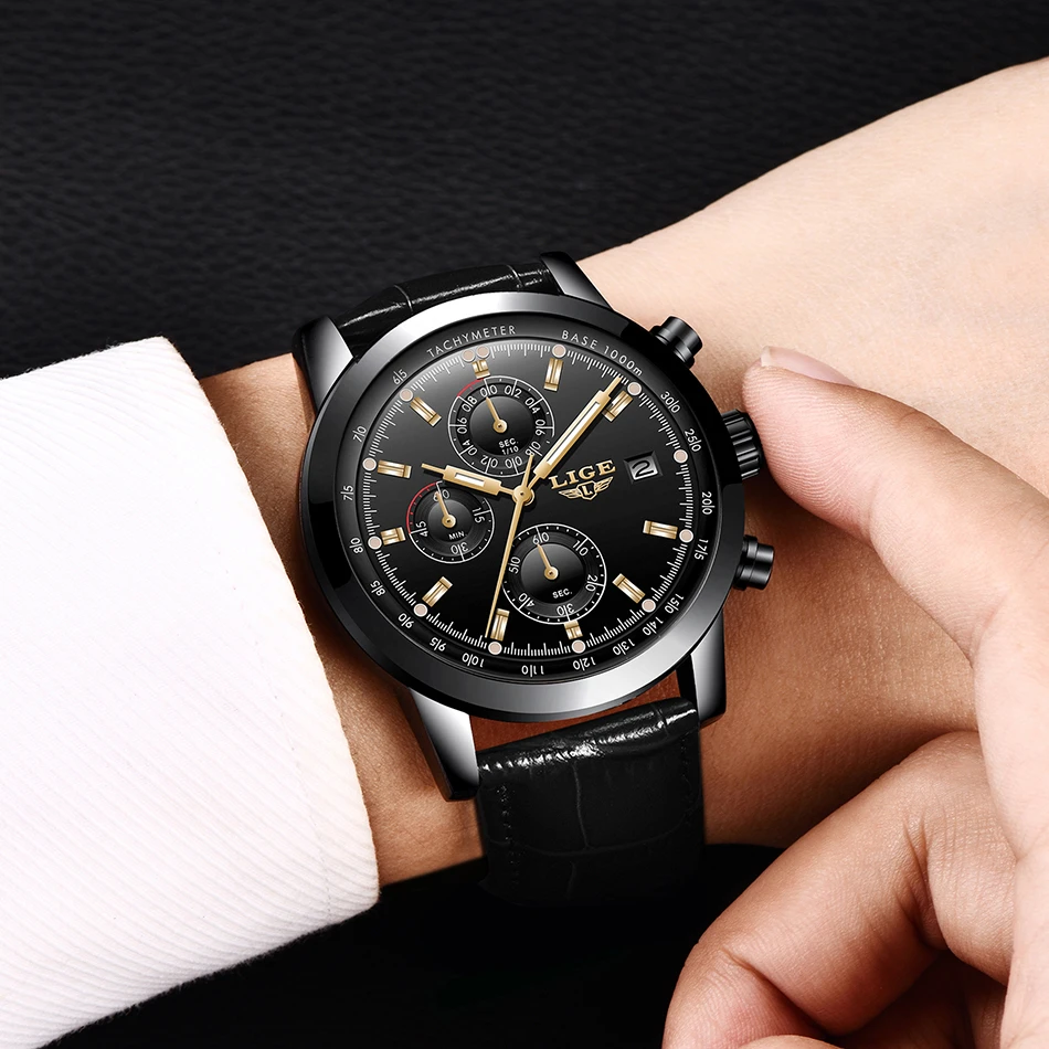LIGE Casual Sport Watches for Men Black Top Brand Luxury Military Leather Wrist Watch Man Clock Fashion Chronograph Wristwatch