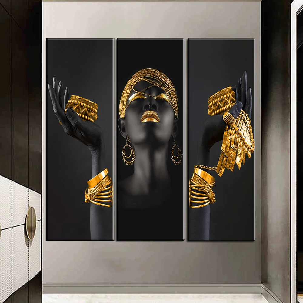 Африканские женские настенная живопись художественные плакаты и принты большой черный женщина золотые