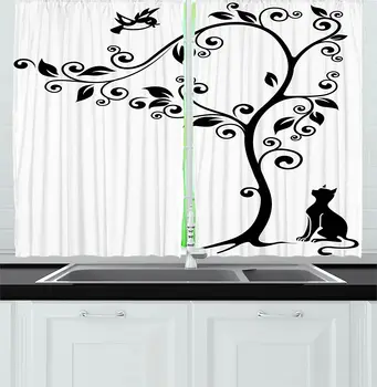 Cat Kitchen Curtains Silhouette of Kitty Under Tree and Birds on Swirled Branches Illustration Window Drapes for Kitchen Cafe
Cat Kitchen Curtains Silhouette of Kitty Under Tree and Birds on Swirled Branches Illustration Window Drapes for Kitchen Cafe