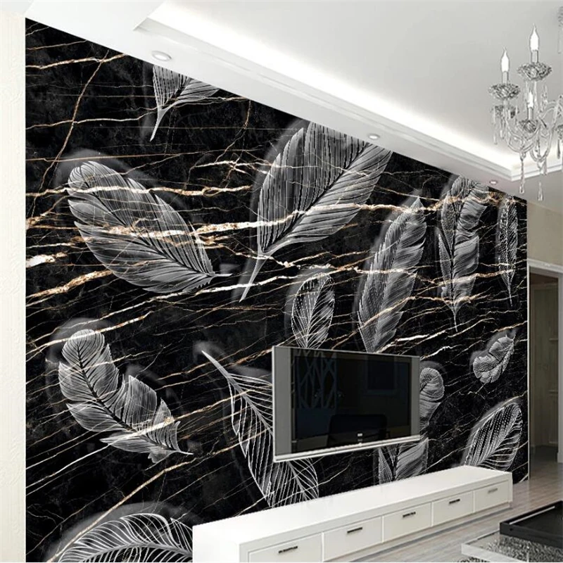 Фото wellyu Custom large murals simple black gold stripes marble feather TV background wall wallpaper papel de parede | Обустройство дома