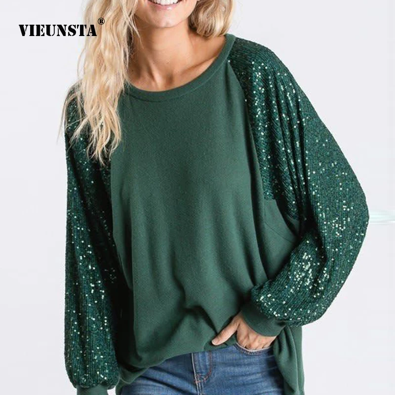 

Autumn Winter Long Sleeve Sequins Women's Clothing Pullover Round Neck Loose Tops Fine Wool Bat Sleeve Mid-Length Base Shirt XXL