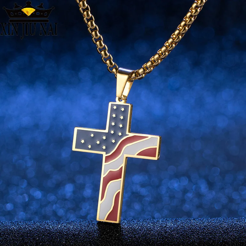 Фото Ожерелье крест кулон с американским флагом эмаль религиозное украшение Иисуса