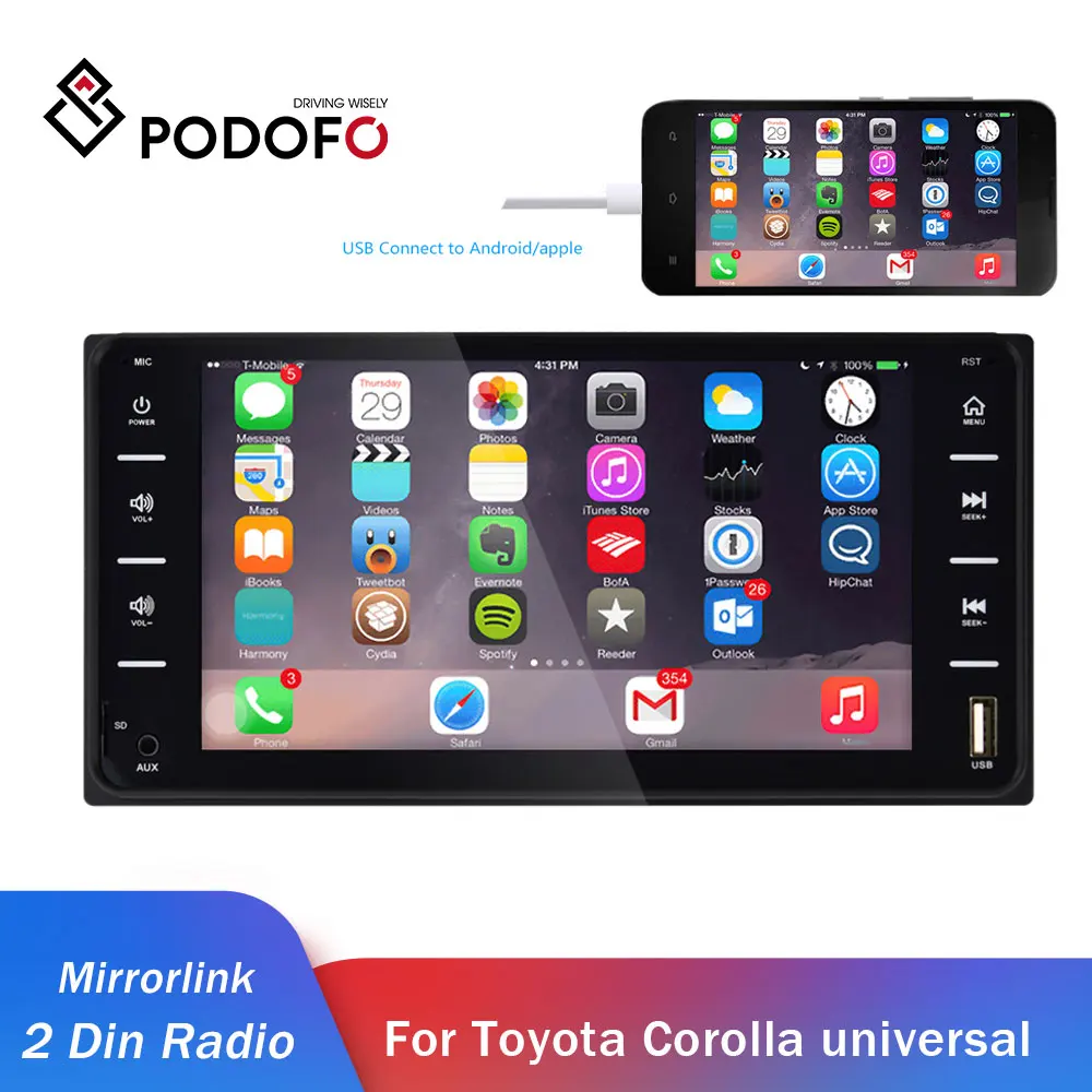 Автомагнитола Podofo 2din Android/IOS MirrorLink мультимедийный плеер для Toyota Corolla
