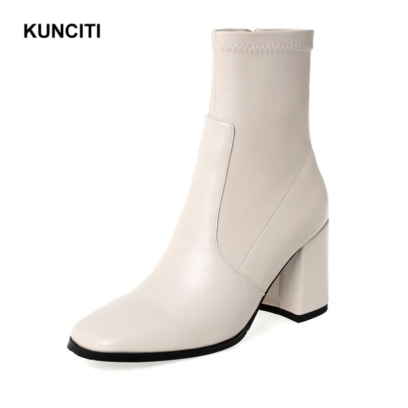 2019 KUNCITI Ladies Stretch Ankle Boots Genuine Leather Boots Women Square Toe High Heel Black Beige Boots Zip Shoes D9185
2019 KUNCITI Ladies Stretch Ankle Boots Genuine Leather Boots Women Square Toe High Heel Black Beige Boots Zip Shoes D9185