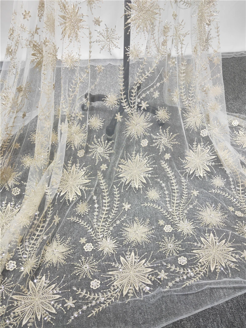 Light Gold Luxury 3D beaded Flower embroidery tulle lace fabric with sequins, couture fabric lace by yard for wedding prom dress
Light Gold Luxury 3D beaded Flower embroidery tulle lace fabric with sequins, couture fabric lace by yard for wedding prom dress