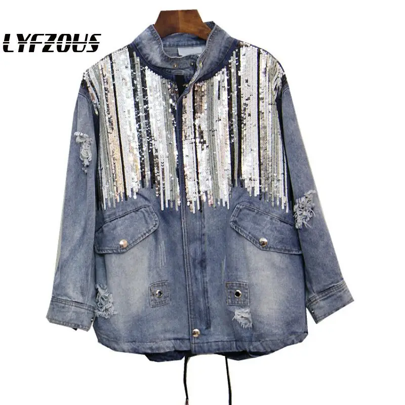 LYFZOUS Sequins Denim Jacket Women Holes Jeans Jacket Vintage Long Sleeves Basic Coats Hip pop Bomber Jackets Chaqueta Mujer
LYFZOUS Sequins Denim Jacket Women Holes Jeans Jacket Vintage Long Sleeves Basic Coats Hip pop Bomber Jackets Chaqueta Mujer
