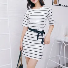 Vestido blanco de manga corta de cuello redondo de manga corta de verano de impresión de rayas abiertas para mujer de jurken zomer 2019(China)