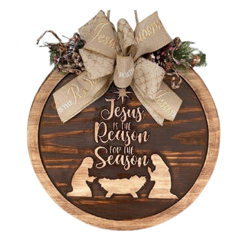 

Christmas Nativity Scene Wooden Wreath with Bow Pine Cones Rustic Hanging Sign Plaque Holiday Decor for Front Door Xmas Home