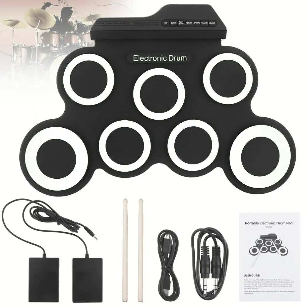 Portable Electronic Digital USB 7 Pads Roll up Set Silicone Electric Drum Kit with Drumsticks and Sustain Pedal Hot Sale
Portable Electronic Digital USB 7 Pads Roll up Set Silicone Electric Drum Kit with Drumsticks and Sustain Pedal Hot Sale