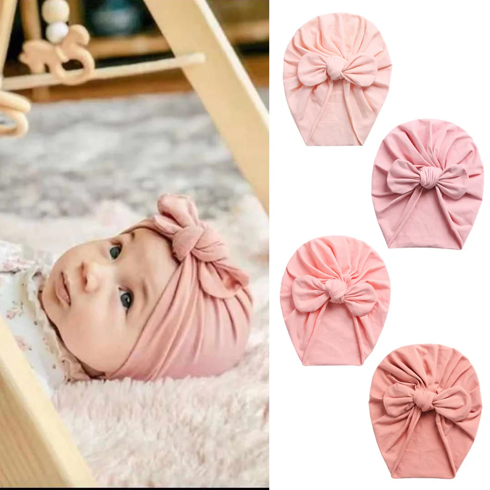 

2021 New Baby Cotton Beanies Cute Bear Ear Bowknot Turban Hats Sweet Soft 0-4T Elastic Caps for Newborn Baby Boy Girls Headwraps
