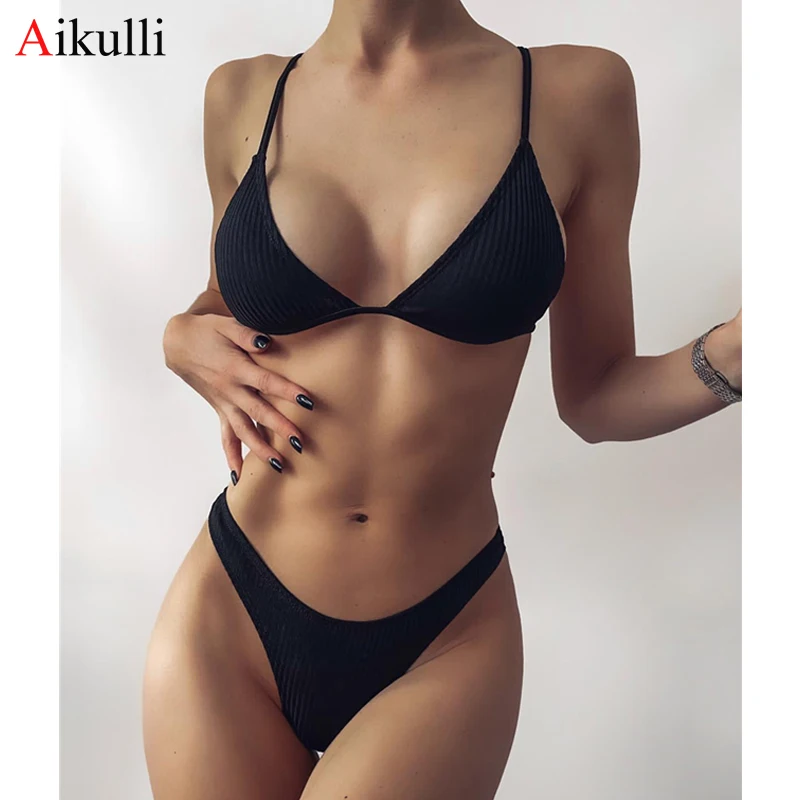 Sexy Solid Triangle Bikinis Swimsuits Women High Cut Swimwear 2021