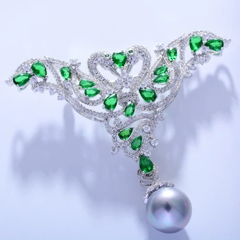 

Gorgeous Cubic Zirconia Double Swan Women Brooches Elegant Green Crystal Rhinestone Pearl Brooch Animal Pin Female Jewelry Broch