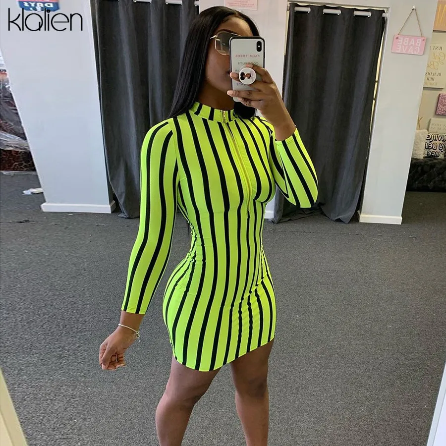 KLALIEN spring fall long sleeve turtleneck zipper fashion casual dress women high street striped mini bodycon dress 2020 new