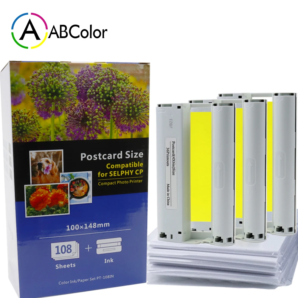 

3Pcs Ink Cartridge 108 sheets Photo Paper Postcard Size KP-108IN Compatible For Canon Selphy CP1300 CP1200 CP910 CP900 Printer