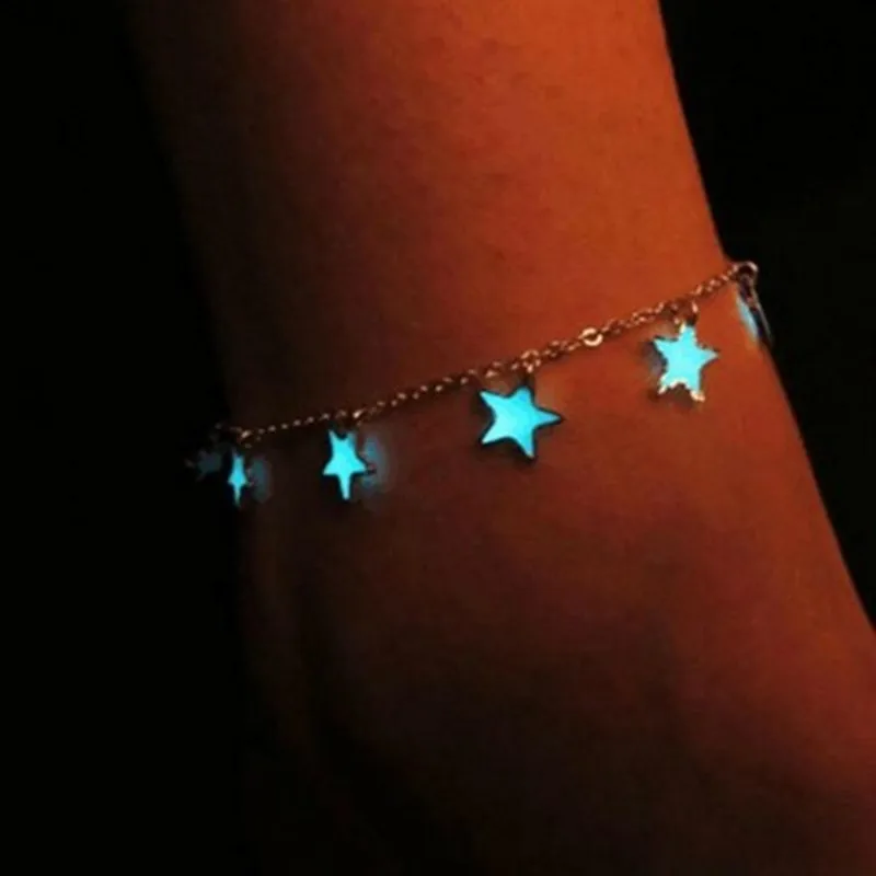 

2019 New Year luminous ladies beach winds blue Pentagon star tassel anklet Silver chain anklets for women barefoot sandals