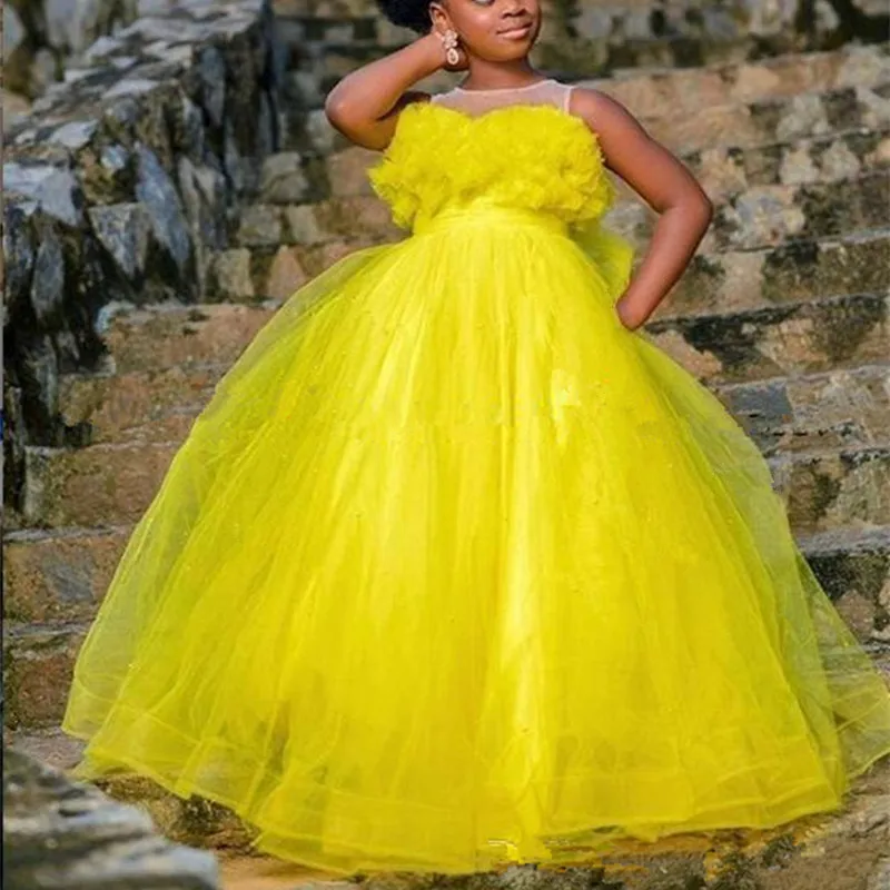 Yellow Flower Girl Dress Little Girls Pageant Dresses Toddler Ball Gown Floor Length cheap First Communion Gowns | Свадьбы и