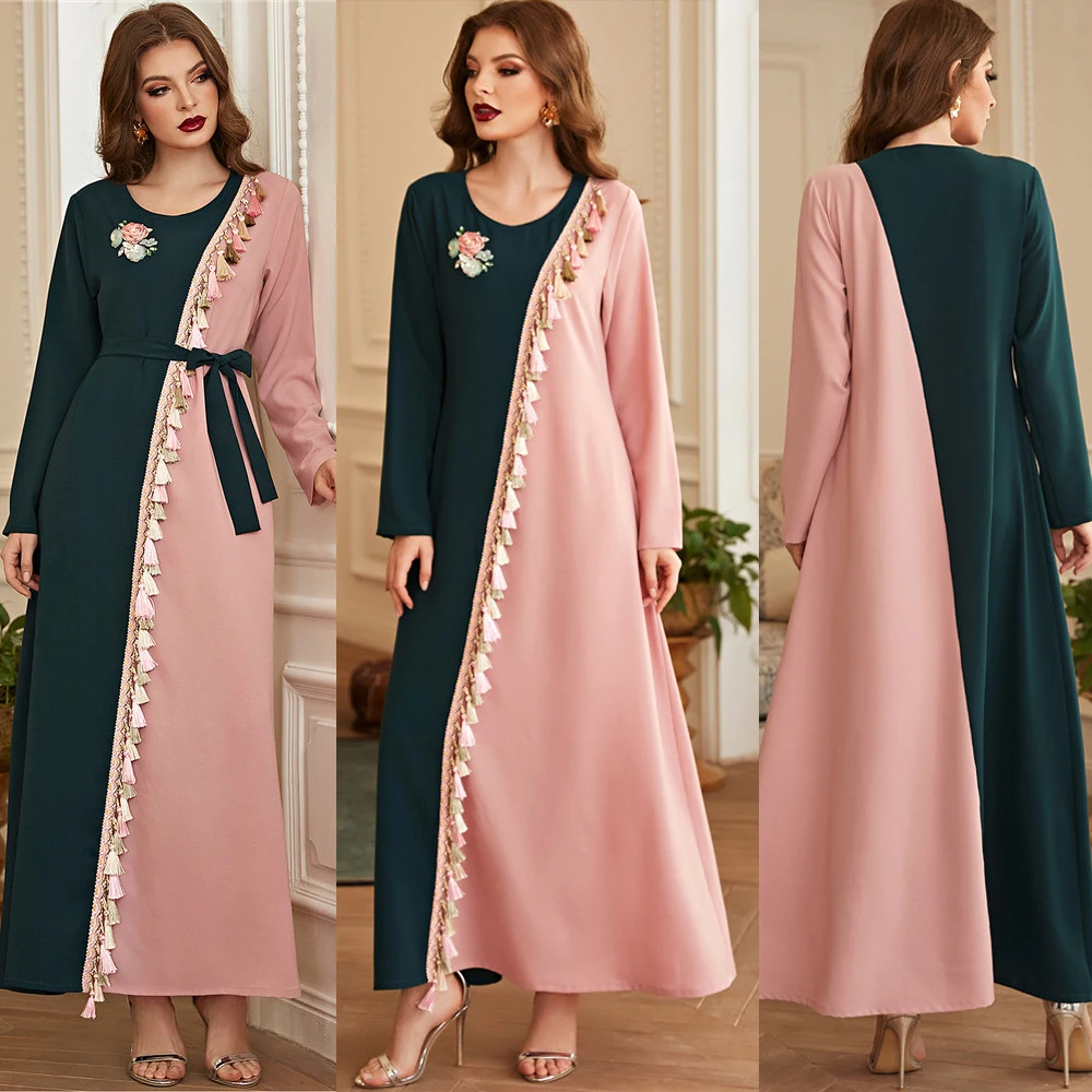 

Elegant Muslim Women Long Dress Patchwork Flower Tassel Abaya Islamic Clothing Long Sleeve O-neck Kaftan Arabic Middle East New