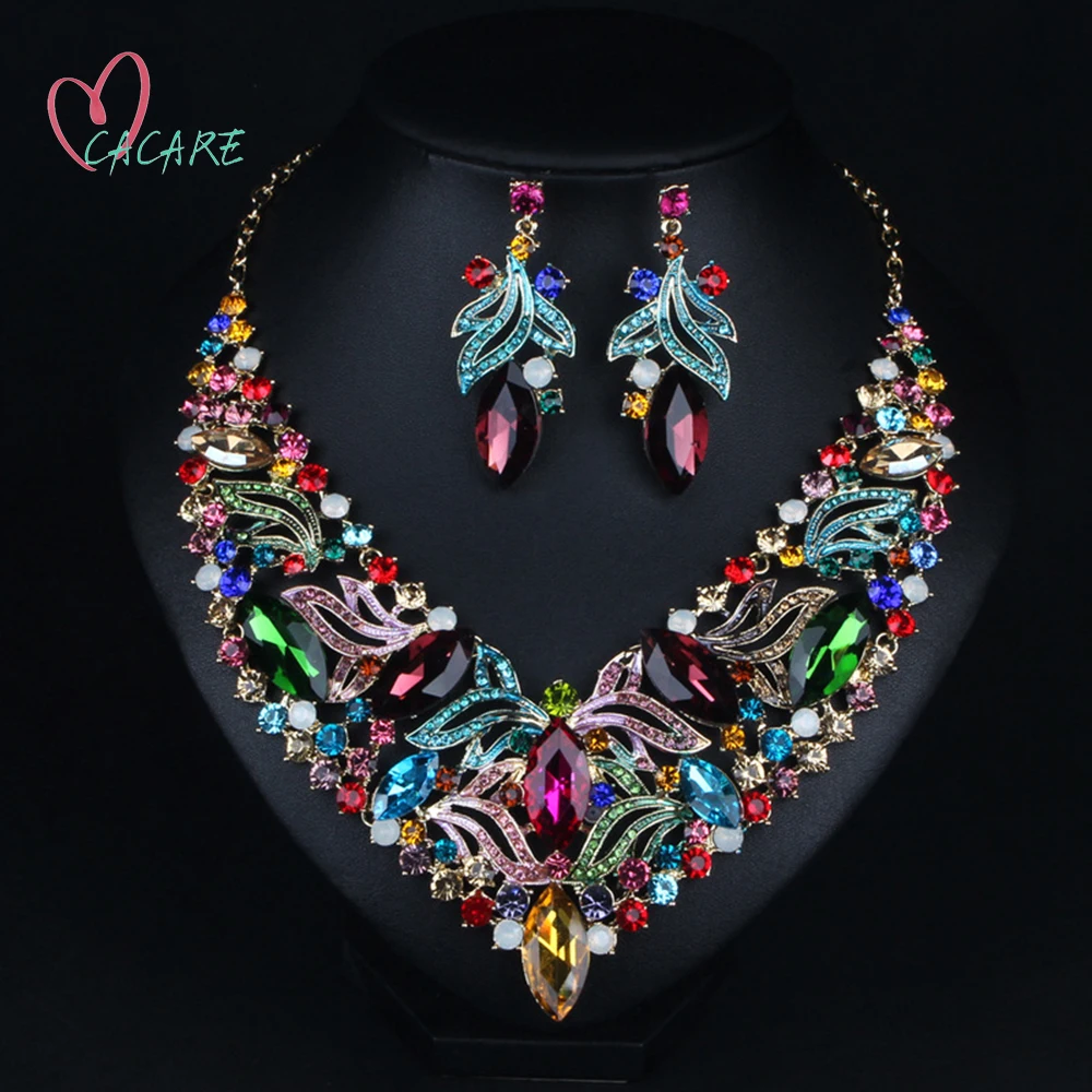 

Vintage Jewelry Sets Women Big Necklace Earring Set Indian Dubai Gold Jewellery F1226 Rhinestone Party Jewels 3 Colors CACARE